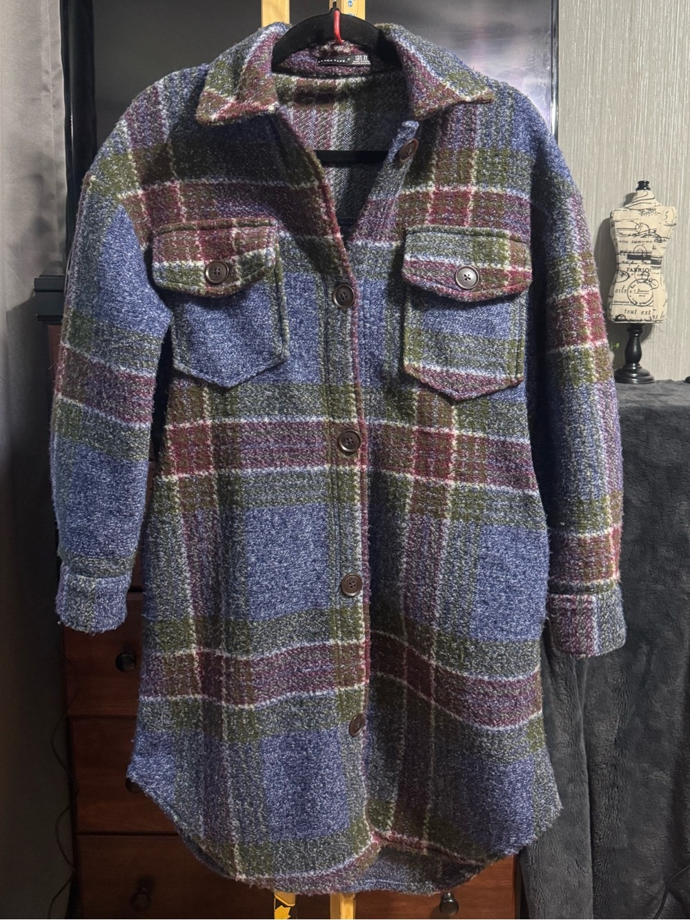 BLACK TAPE Blue Green Plaid Button Down Long Shacket Jacket XS Pit to Pit 20”